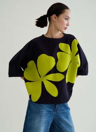 Floor — sweat marine fleurs vert lime, jean brut