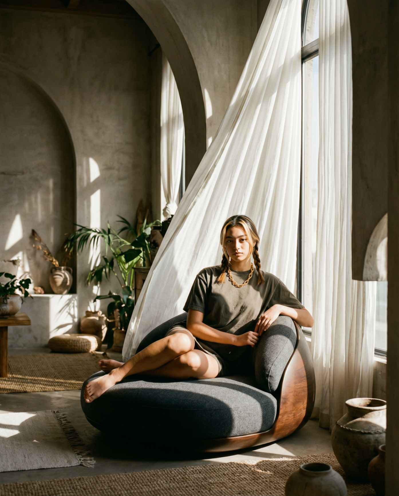 Ibu Jewels — silhouette dans un intérieur sculptural, lumière douce
