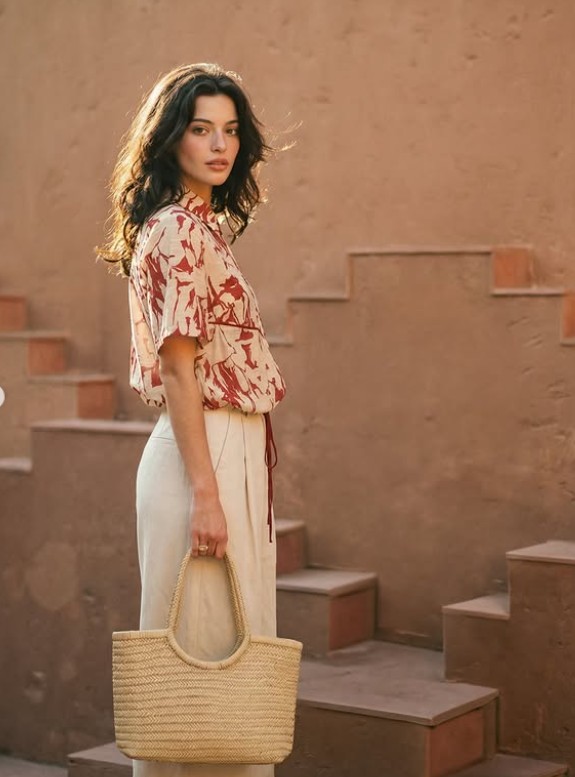 Yerse — chemise imprimée terre brûlée, cabas paille