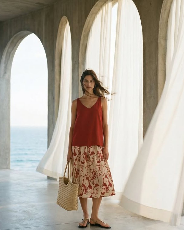 Yerse — top rouge et jupe imprimée, arches face à la mer